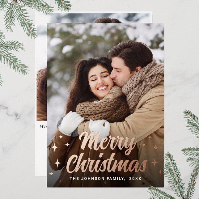 Sparkle Merry Christmas 2 PHOTO Greeting Rose Gold (Customizable Christmas holiday greeting photo card with real foil print.)