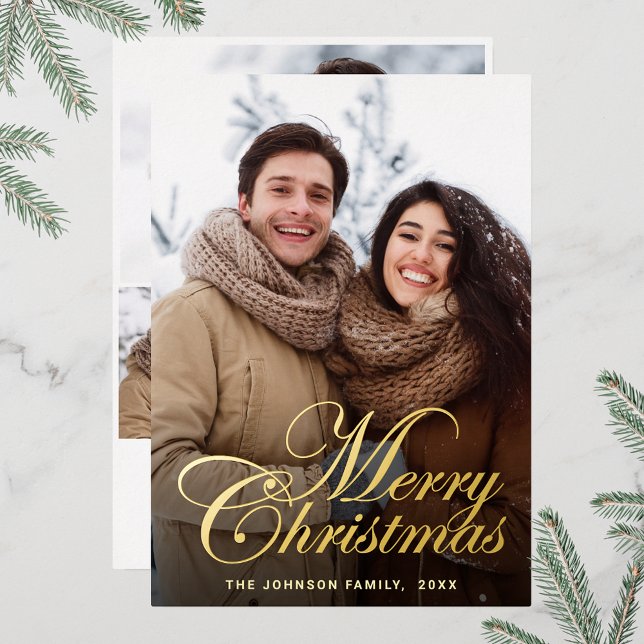 Sparkle Merry Christmas 4 PHOTO Greeting Gold (Customizable Christmas holiday greeting photo card with real foil print.)