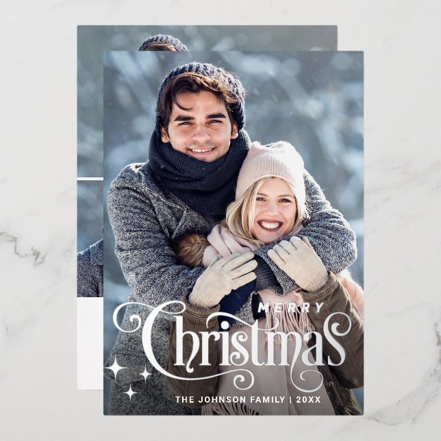 Sparkle Merry Christmas 4 PHOTO Greeting Silver (Front/Back)