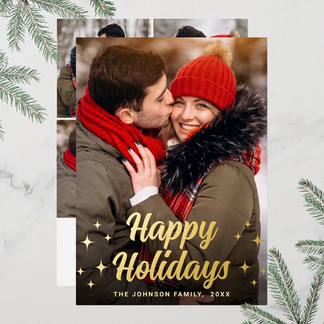 Sparkle Merry Christmas 5 PHOTO Greeting Gold (Customizable Christmas holiday greeting photo card with real foil print.)