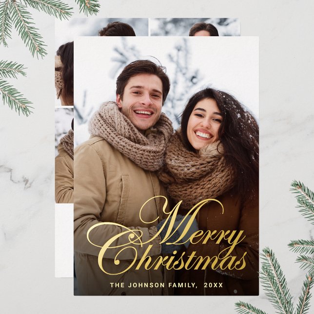 Sparkle Merry Christmas 5 PHOTO Greeting Gold (Customizable Christmas holiday greeting photo card with real foil print.)