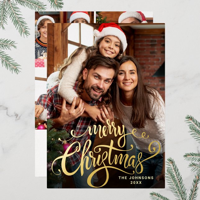 Sparkle Merry Christmas 5 PHOTO Greeting Gold (Customizable Christmas holiday greeting photo card with real foil print.)