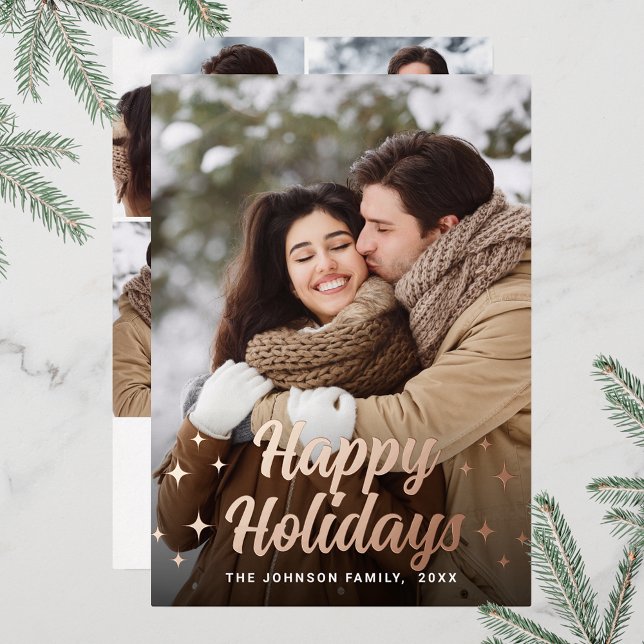 Sparkle Merry Christmas 5 PHOTO Greeting Rose Gold (Customizable Christmas holiday greeting photo card with real foil print.)