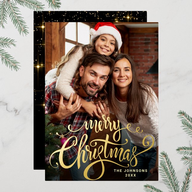 Sparkle Merry Christmas PHOTO Greeting Gold (Customizable Christmas holiday greeting photo card with real foil print.)