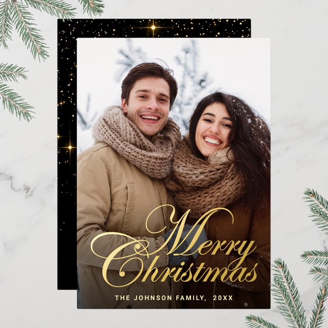 Sparkle Merry Christmas PHOTO Greeting Gold (Customizable Christmas holiday greeting photo card with real foil print.)