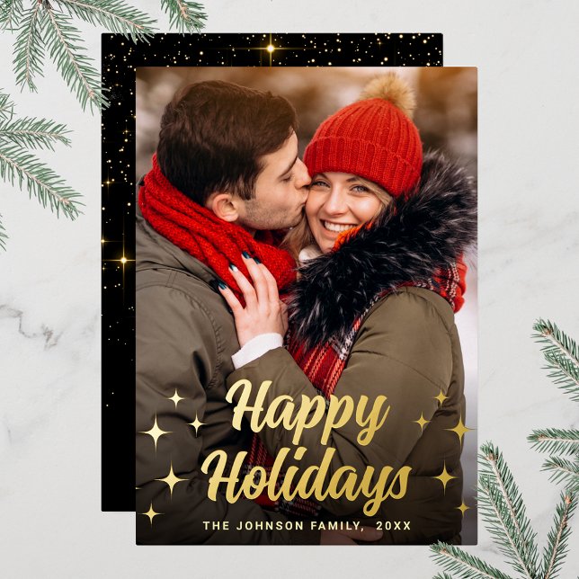 Sparkle Merry Christmas PHOTO Greeting Gold (Customizable Christmas holiday greeting photo card with real foil print.)