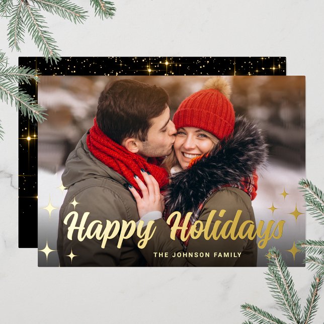 Sparkle Merry Christmas PHOTO Greeting Gold (Customizable Christmas holiday greeting photo card with real foil print.)