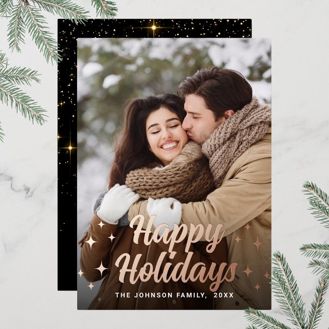 Sparkle Merry Christmas PHOTO Greeting Rose Gold (Customizable Christmas holiday greeting photo card with real foil print.)