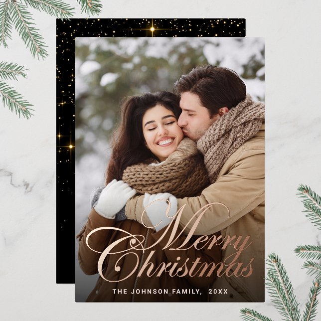 Sparkle Merry Christmas PHOTO Greeting Rose Gold (Customizable Christmas holiday greeting photo card with real foil print.)