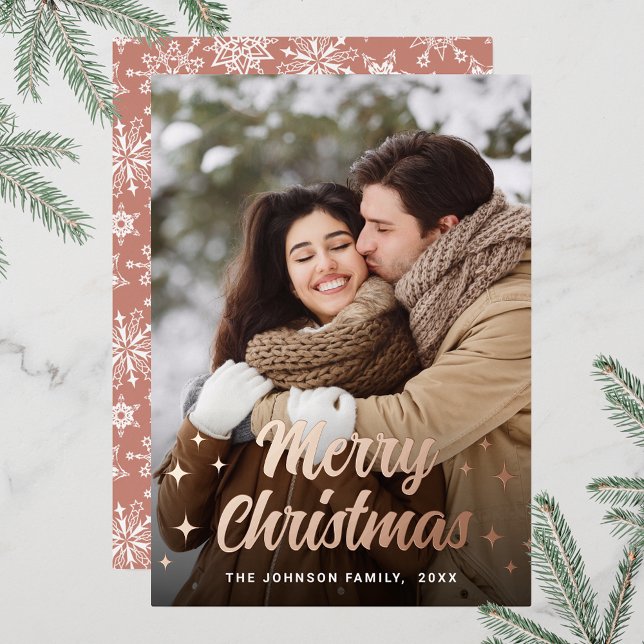 Sparkle Merry Christmas PHOTO Greeting Rose Gold (Customizable Christmas holiday greeting photo card with real foil print.)