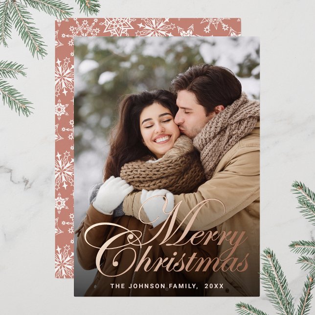 Sparkle Merry Christmas PHOTO Greeting Rose Gold (Customizable Christmas holiday greeting photo card with real foil print.)