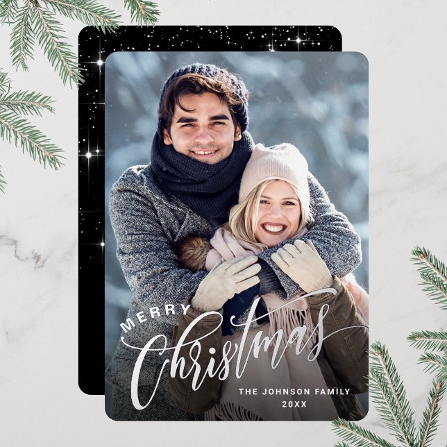 Sparkle Merry Christmas PHOTO Greeting Silver (Customizable Christmas holiday greeting photo card with real foil print.)
