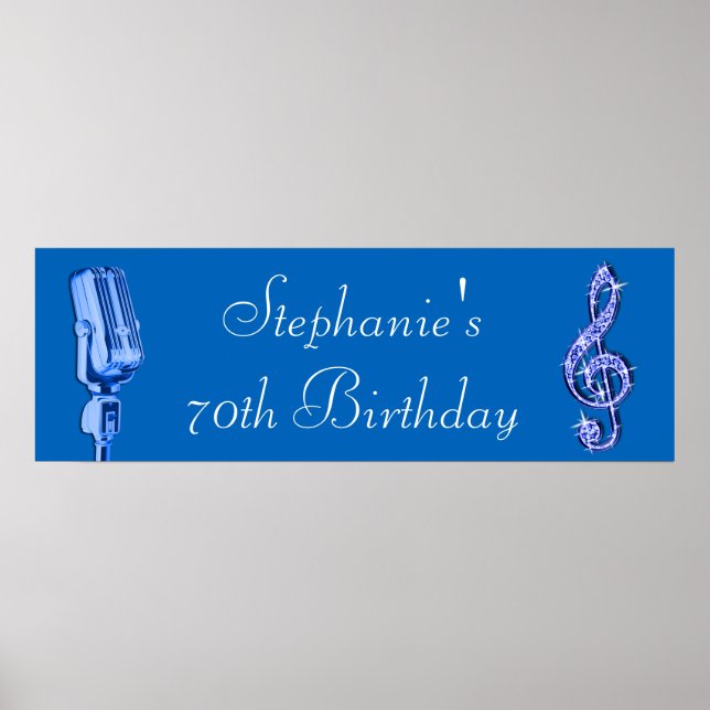 Sparkle Music Note and Retro Microphone Birthday Poster (Front)