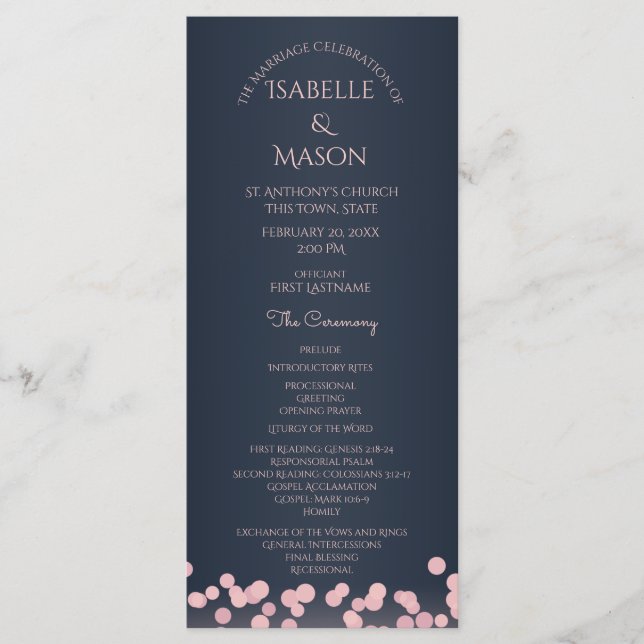 Sparkle Navy Blue and Pink Bokeh Wedding Program Programme (Front)