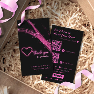 Sparkle Neon Pink Glitter Heart QR Code Thank you Business Card