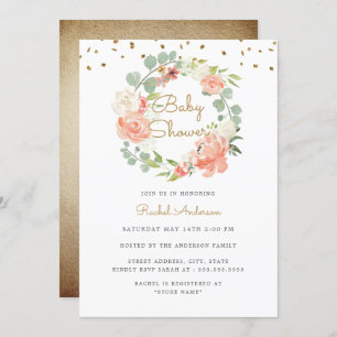 Sparkle Peach Gold Wreath Baby Shower Invitation