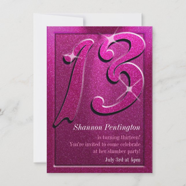 Sparkle Pink 13th Birthday Party Invitations (Front)