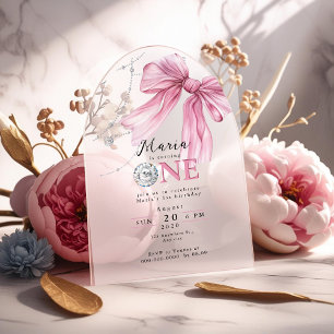 Sparkle Pink Coquette Bow 1st Acrylic Invitations