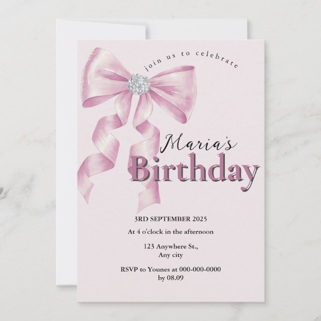 Sparkle Pink Coquette Bow 1st Invitation (Front)