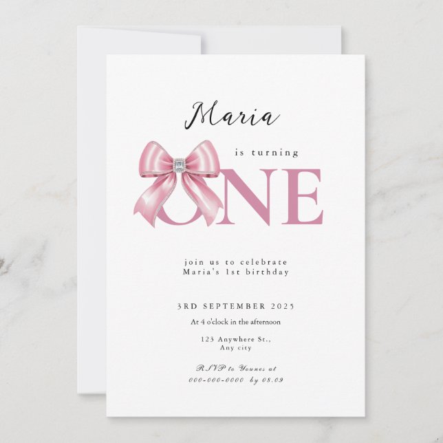 Sparkle Pink Coquette Bow 1st Invitation (Front)