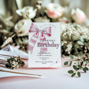 Sparkle Pink Coquette Bow 1st Invitation
