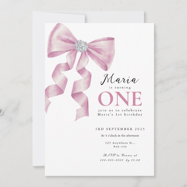 Sparkle Pink Coquette Bow 1st Invitation (Front)