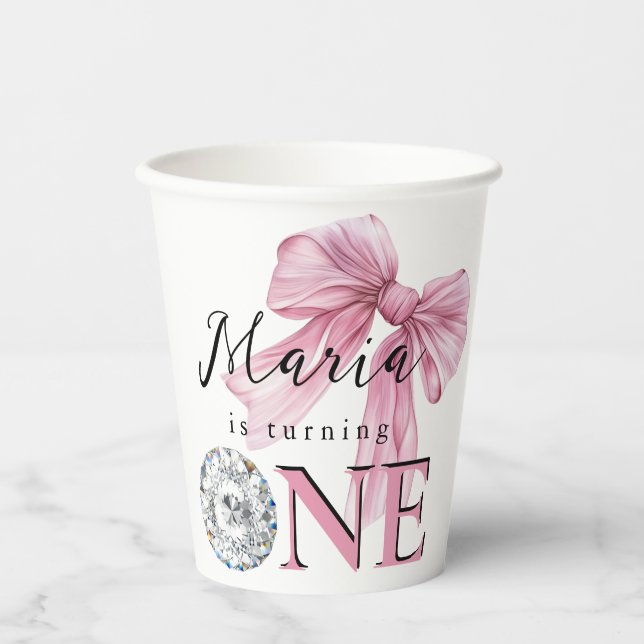 Sparkle Pink Coquette Bow 1st Paper Cups (Front)