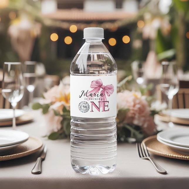 Sparkle Pink Coquette Bow 1st Water Bottle Label (Creator Uploaded)