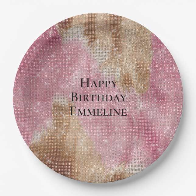 Sparkle Pink Cream Gold Cowgirl Cowhide Birthday Paper Plate (Front)