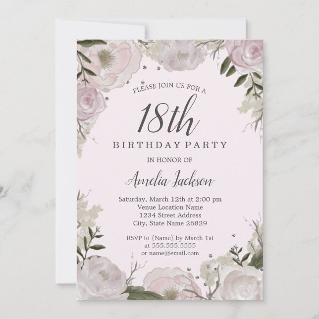 Sparkle Pink Floral 18th Birthday Party Invitation (Front)