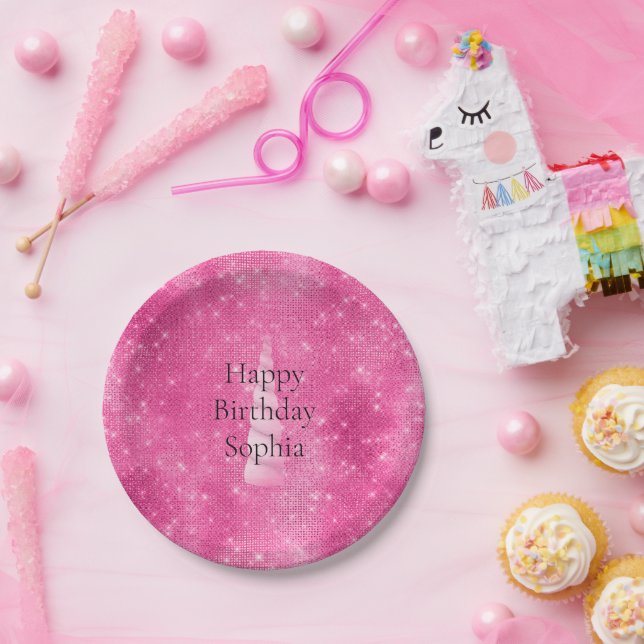 Sparkle Pink Glam Unicorn Birthday Paper Plate (Party)