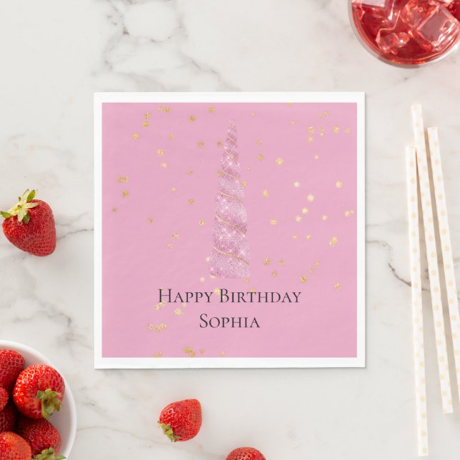 Sparkle Pink Gold Glam Stars Unicorn Birthday Napkin (Insitu)