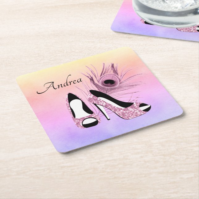 Sparkle Pink Pumps Fancy Personalised Square Paper Coaster (Angled)