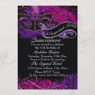 Sparkle Pink & Purple Mask Masquerade Quinceanera Invitation