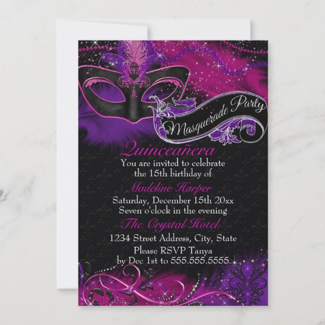 Sparkle Pink & Purple Mask Masquerade Quinceanera Invitation (Front)