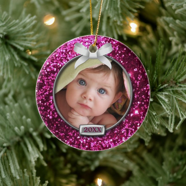 Sparkle Pink/Silver Bow Photo Ceramic Tree Decoration (Tree)