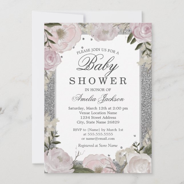Sparkle Pink Silver Floral Baby Shower Invitation (Front)
