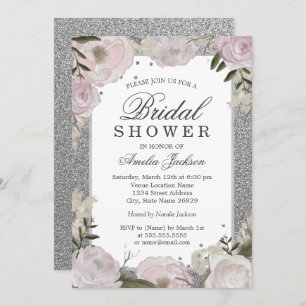 Sparkle Pink Silver Floral Bridal Shower Invitation