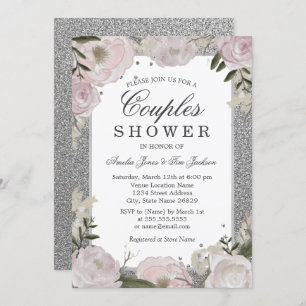 Sparkle Pink Silver Floral Couple Shower Invitation