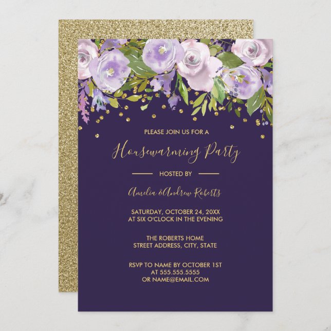 Sparkle Purple Floral Housewarming Party Invite (Front/Back)