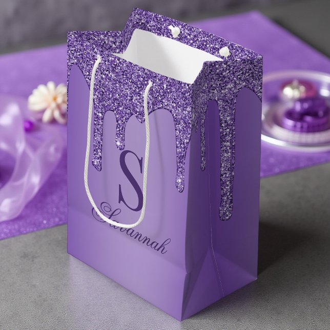 Sparkle Purple Glitter Drips Monogram Medium Gift Bag (Sparkle Purple Glitter Drips Monogram Medium Gift Bag)