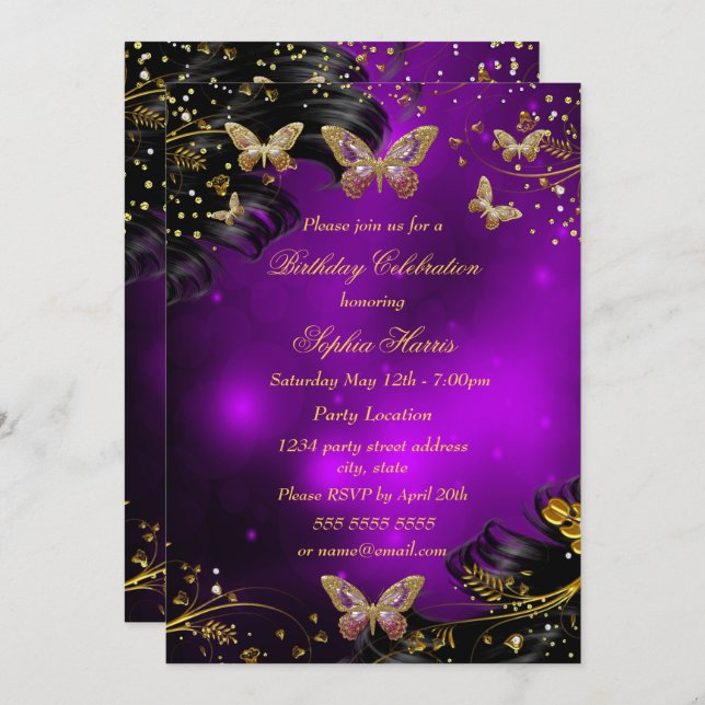 Sparkle purple Gold Black Butterfly Birthday party Invitation (Front/Back)