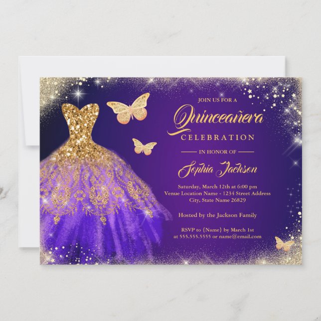 Sparkle Purple Gold Dress Butterfly Quinceanera Invitation (Front)