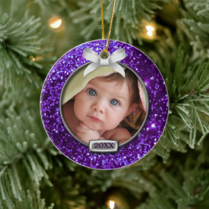 Sparkle Purple/Silver Bow Photo Ceramic Tree Decoration