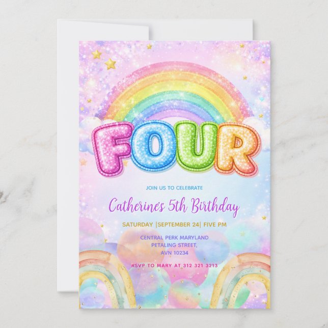 Sparkle Rainbow 4th Birthday Party Invitation (Front)