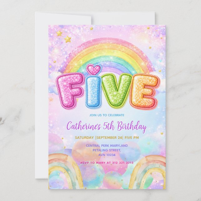 Sparkle Rainbow 5th Birthday Party Invitation (Front)