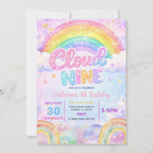 Sparkle Rainbow Cloud Nine Birthday Party Invitation