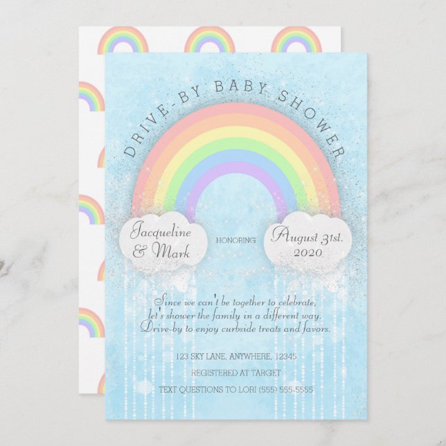 Sparkle Rainbow Drive-By Baby Shower Invitation (Front/Back)