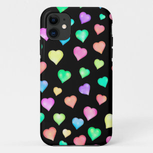 Sparkle Rainbow Hearts Pattern - Black Background iPhone 11 Case