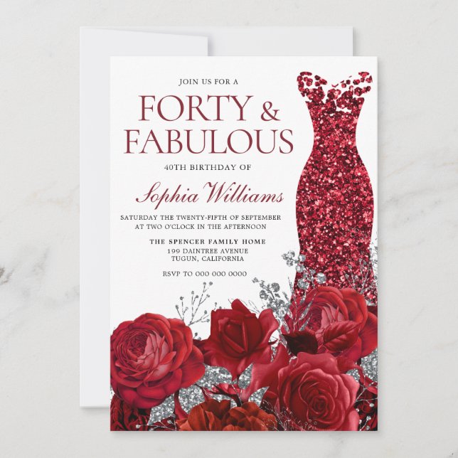 Sparkle Red Dress & Roses 40th Birthday Party Invitation (Front)